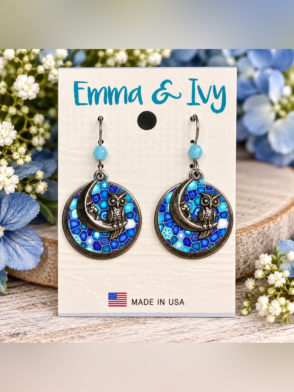 Emma & Ivy Blue Mosaic Owl Moon Dangle Earrings Made in USA